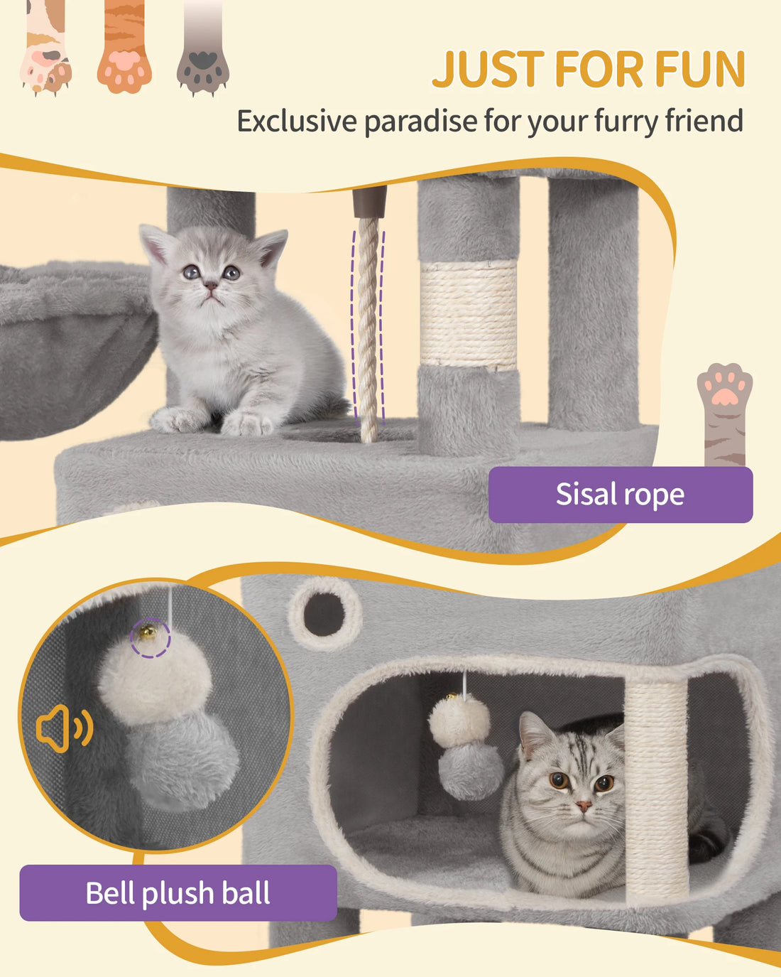 Cat Scratching Post 180 cm with,3 Platforms,2 Caves,Basket, Plush Balls,Sisal Rope,Suitable for Cats of Various Sizes,Light Grey