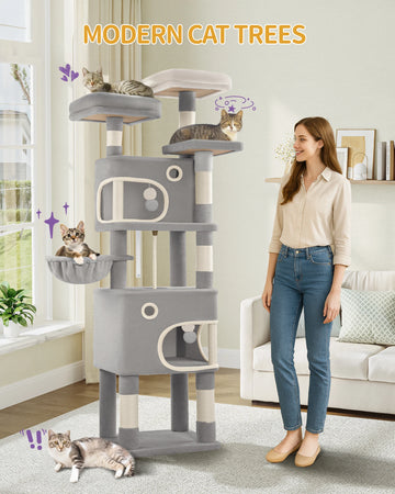 Cat Scratching Post 180 cm with,3 Platforms,2 Caves,Basket, Plush Balls,Sisal Rope,Suitable for Cats of Various Sizes,Light Grey