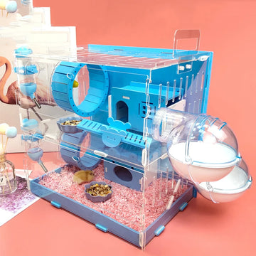 Blue Double Hamster Cage Large Size Dutch Pig Cage Acrylic Pet Nest Small Pet with 30x20x30cm