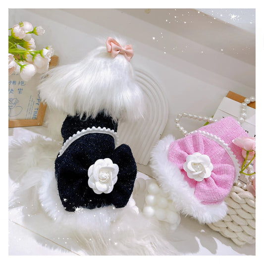 Pet Woolen Flower Dress Autumn and Winter Coat Teddy Bear Schnauzer Small Dog Cat Velvet Bow Princess Dress Puppy Dog Dress