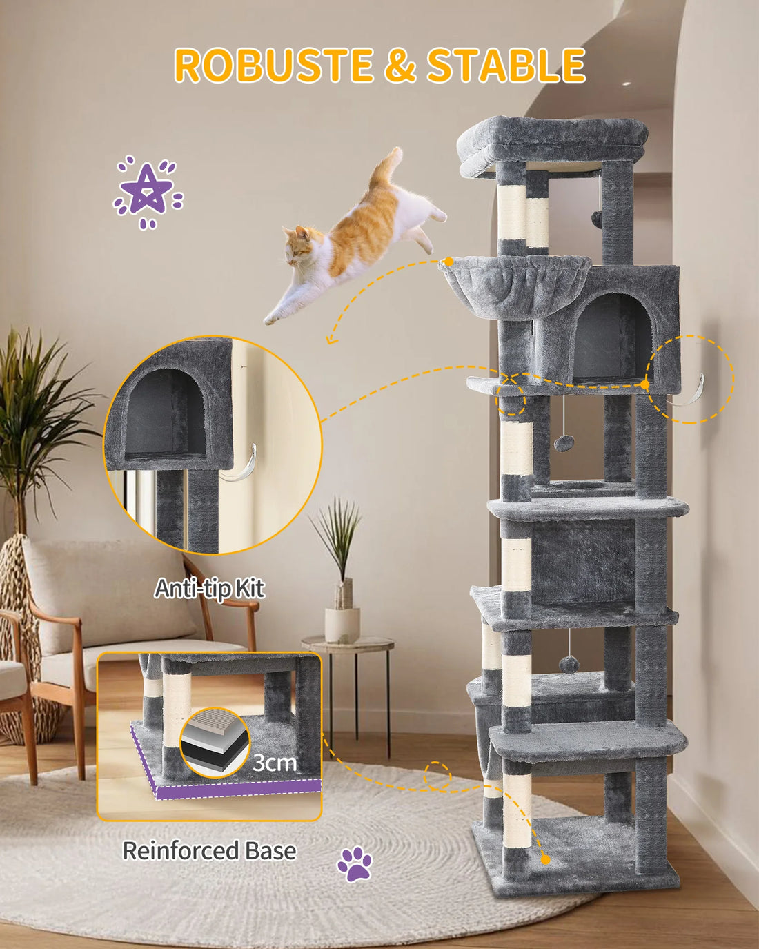 Hzuaneri 170 cm Large Cat Tree, Cat Tower for Maine Cat, Multi-Level Scratching Post with Large Perch, Washable Mat