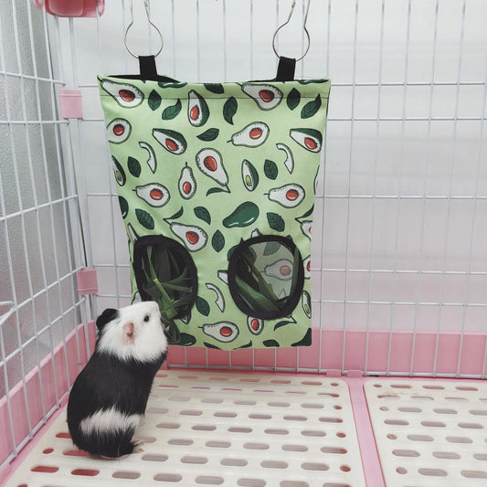 Hanging Hay Bag with hooks for Bunny Guinea Pigs Small Animal Feeder Rabbit Food Dispensers Bag Pet Feeding Bag 2/3 Holes