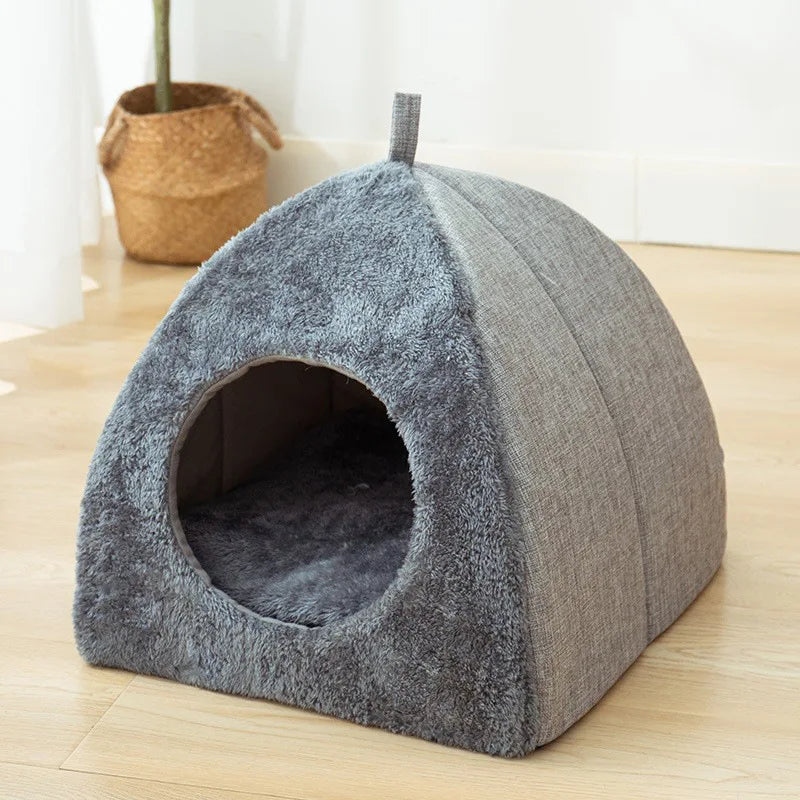 Triangle Cat Cave Bed Enclosed Design - Thick Plush Warm Pet House for Deep Sleeping Cats and Small Dogs Security