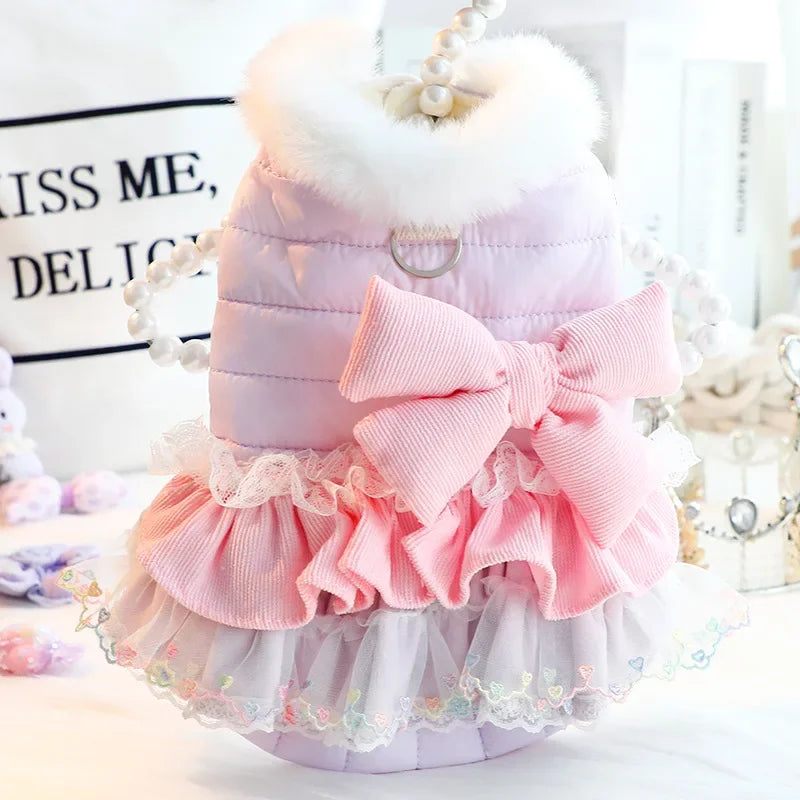 Princess Dog Winter Clothing Thick Warm Cat Dog Dress Coat with Bowknot Fluffy Skirt Puppy Clothes for Small dog