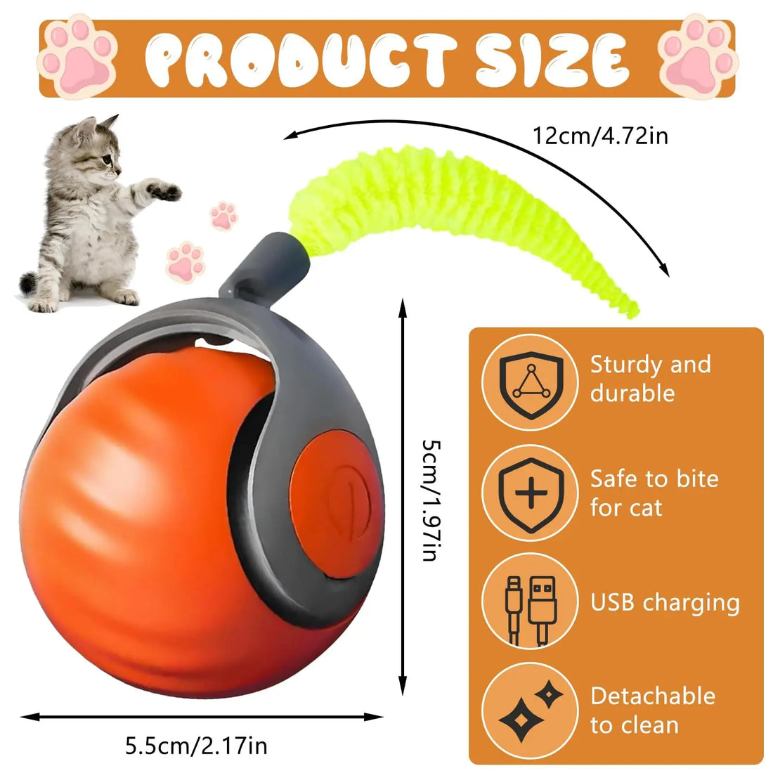 Interactive Cat Toy Ball: USB Rechargeable Automatic Rolling Wiggly Tail Toy for Indoor Kittens - Hunting Play Exercise Pet Toy