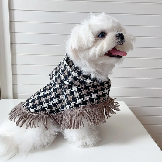 Dog Hooded Cape Plaid Woolen Jacket Dog Clothes Dogs Tassel Cape Pet Supplies Kitten Cape for Small Dogs Jacket Dog Coat