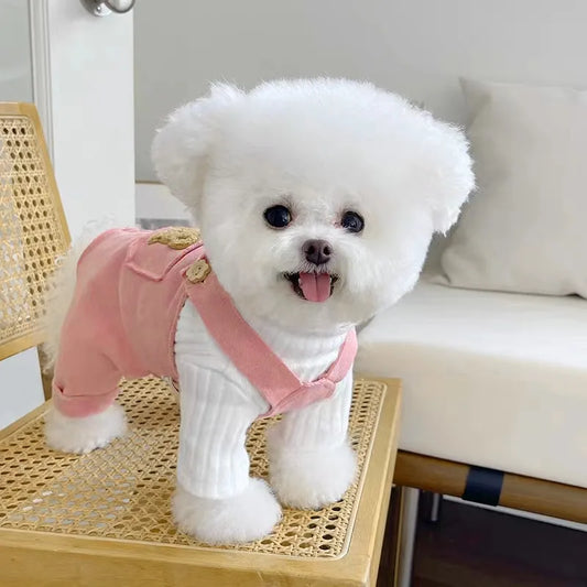 Pet Clothing for Autumn and Winter with Plush Warm Button Up Overalls Teddy Bear Cat Pants Outerwear Puppy Clothes