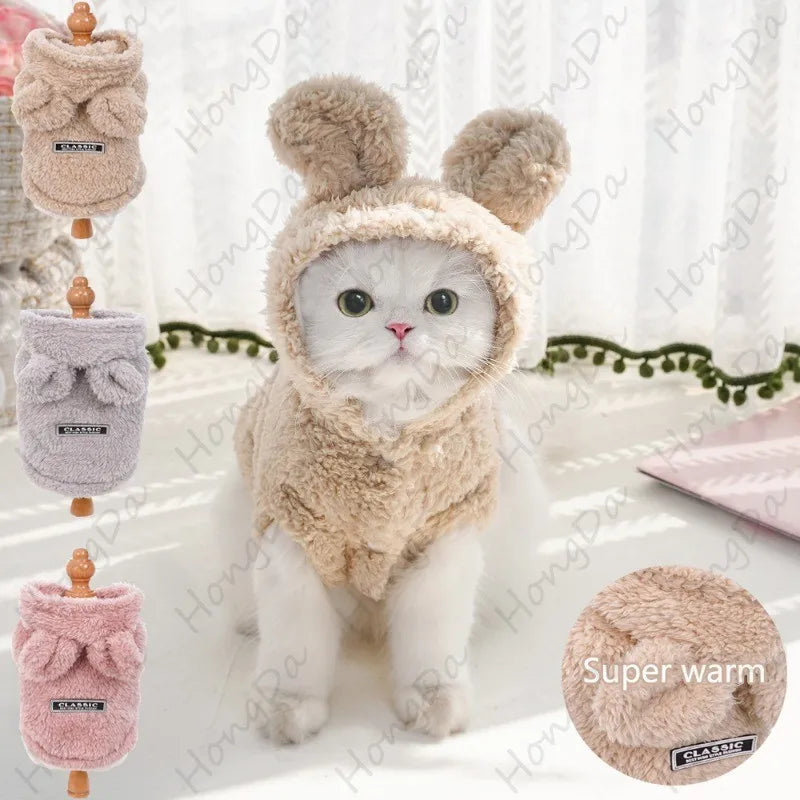 Cat Autumn and Winter Plush Coat Cute Rabbit Ears Cotton-padded Coat Soft Cotton Velvet Comfortable Warm Dog Cat Clothing