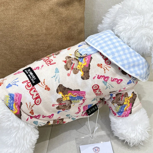 Pet Dog Parkas Plaid Collar Jacket with Teddy Bear Print Cardigan Can Be Pulled Teddy Small Puppy Cat Clothes Autumn and Winter