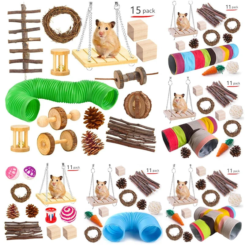 Combination Hamsters Rabbit Rat Toys Hamster Toys Set Pet Rabbit Guinea Pig Parrot Play Molar Wooden Supplies