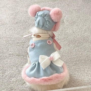 Instagram New Dog Dress Winter Blue Wool Pink Rabbit Fur Hem Bear Ears Halter Dress Dog Skirt Dog Hat Outfit Give Hair Clips