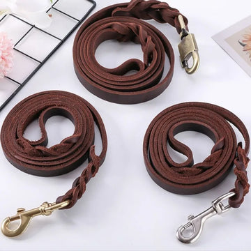 Handmade Genuine Leather Braided Dog Leash Heavy-Duty Training Lead with Metal Hook for Medium/Large Pets Dog Collar