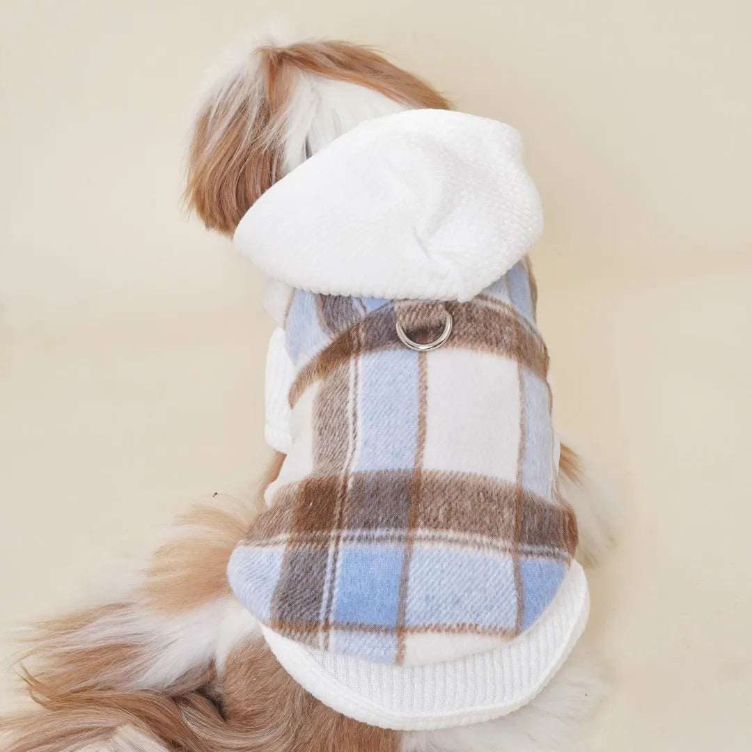 Pet Autumn and Winter Checkered Hooded Coat Dog Fur Coat Schnauzer Bear Lamb Wool Vest Dog Clothes for Small Dogs Puppy