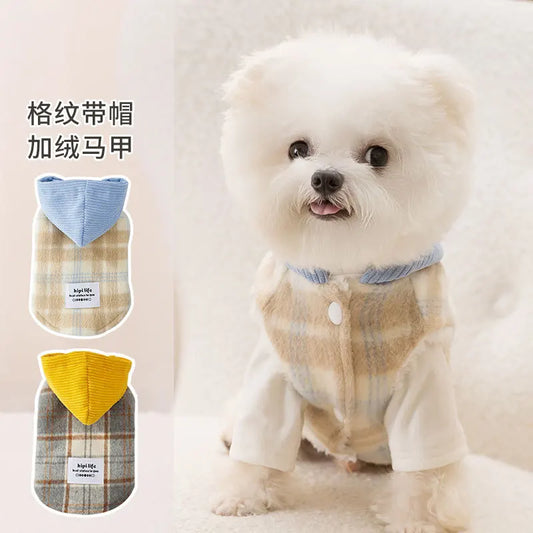 Autumn Winter Dog Thickened Plush Plaid Hooded Traction Vest Cotton Jacket Cat Winter Pet Clothing Dog Clothes for Small Dogs