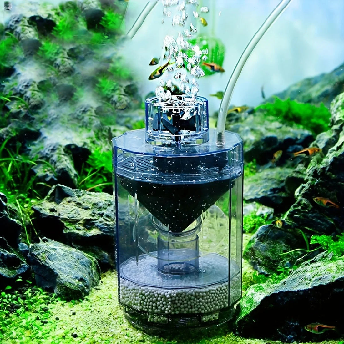 5-in-1 Pneumatic Aquarium Filter– No Pump Required, Enhances Oxygen & Improves Water Quality – Transparent Design for Fish Tanks