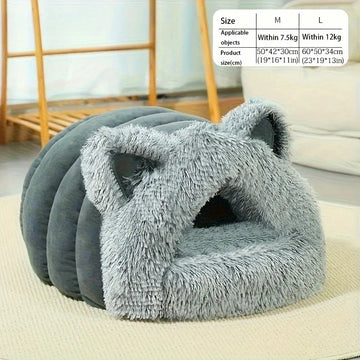 Enclosed Pet Bed Winter Warm Plush Hooded Cat Bed House with Cute Ears Indoor Nest Cave Comfort Kittens Hideaway for Small Dog