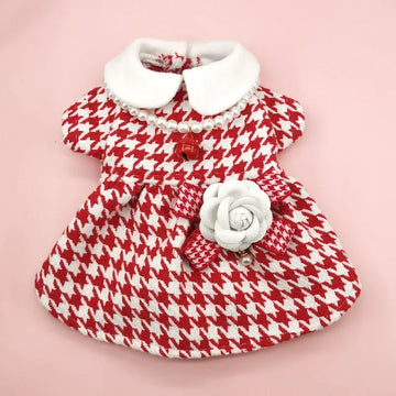 Autumn Winter Christmas Dog Dress Cute Flower Dog Clothes Red Plaid Dress Cat Pet Clothing Coat Dog Dresses for Small Dogs