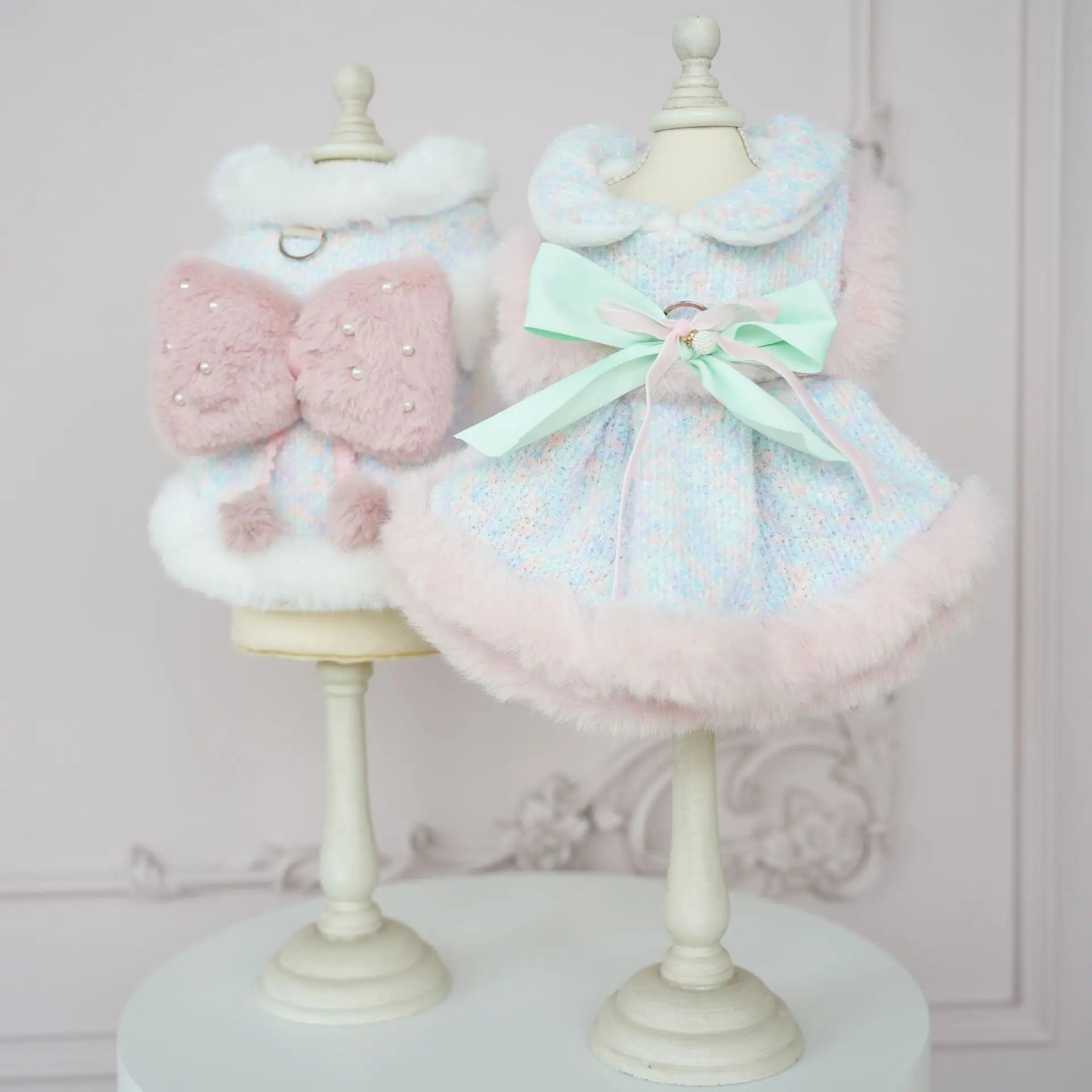 Pet Colorful Bow Set Skirt Autumn/Winter Bow Plush Coat Dress Warm Clothes Teddy Clothes Puppy Clothes for Small Dogs