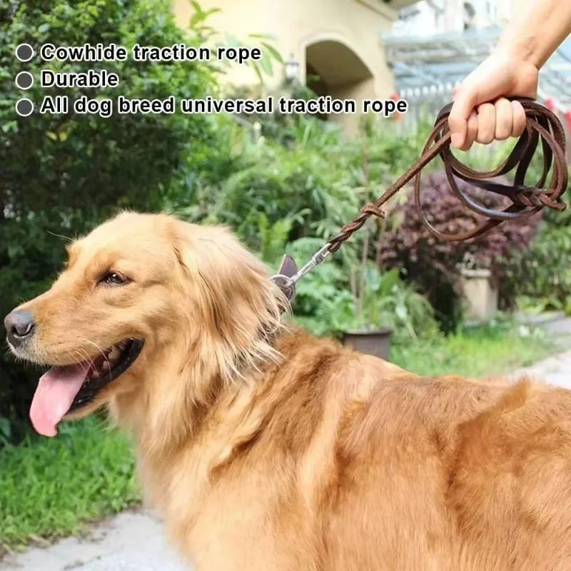 Handmade Genuine Leather Braided Dog Leash Heavy-Duty Training Lead with Metal Hook for Medium/Large Pets Dog Collar