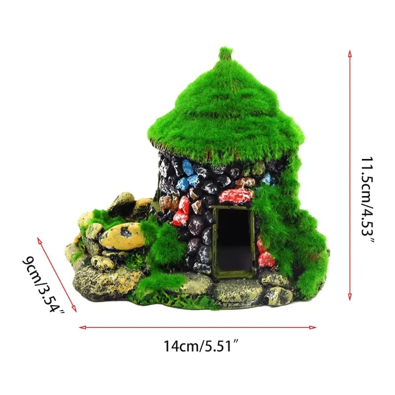 Aquarium Decoration House Resin House Betta Cave with Realistic Green Moss Fish Tank Ornaments Shelters Hideout Aquatic Rockery