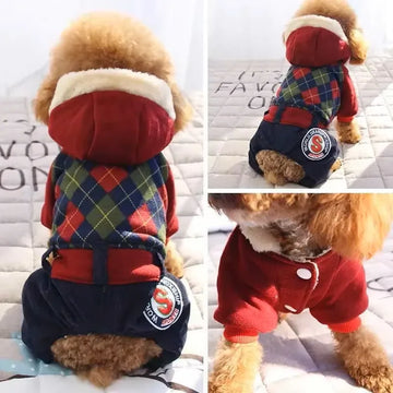 Winter Pet Thickened Warm Clothing Fashion Plaid Dog Four Legs Clothes Puppy Hoodie Teddy Yorkshire Coat Pet Supplies