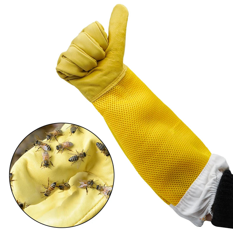 Beekeeping Protective Gloves, Beekeeper Sleeves Breathable Anti Bee Cloth, Apiculture Sheepskin Long Yellow Mesh Gloves 1Pair