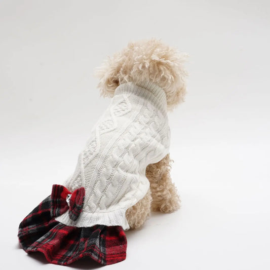 2 Pack Autumn Winter Pet Clothes Knitted Sweater Plaid Woolen Skirt for Dogs And Cats with Bow-Tie Design