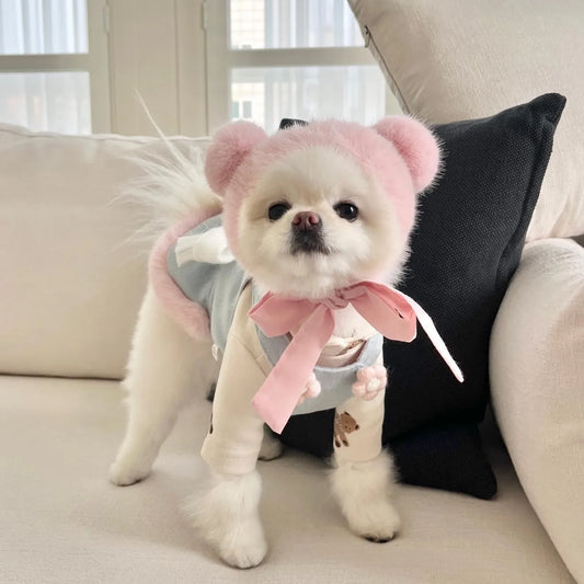 Instagram New Dog Dress Winter Blue Wool Pink Rabbit Fur Hem Bear Ears Halter Dress Dog Skirt Dog Hat Outfit Give Hair Clips