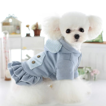 Dog Autumn/Winter Striped Hoodie Dress with Velvet Warmth Teddy Fado Schnauzer Small Dog Striped Ear Skirt Puppy Clothes