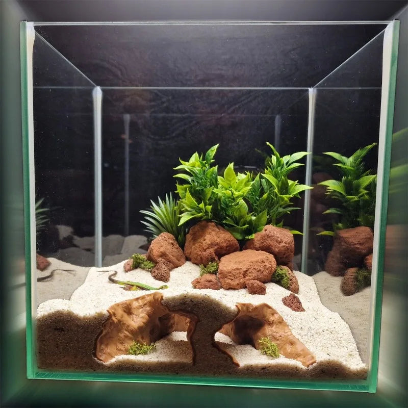 Fish Tank & Reptile Cave - Hiding Hole,Basking Spot & Terrain Divider,High-Low Aquascaping Viewing Cave for Reptiles & Fish
