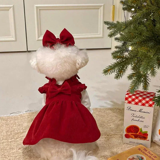 Puppy Bow Knot Dress Set Winter Warm Dog Clothes Pet Christmas Princess Dress Teddy Solid Color Skirt Send Clip