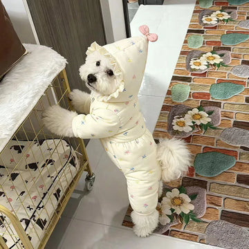 Dog Clothes with Leash Attachment Warm 4-Leg Jumpsuit Winter Coat for Small Dogs Cute Ribbon Bow Outfit for Teddy Poodle