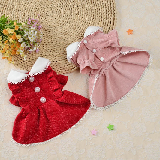 Christmas Pet Classic Corduroy Dress Small Cat Dog Dress Pet Skirt Polo Dog Dresses With Lace Teddy Bears Coat Puppy Pet Clothes