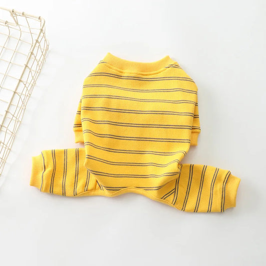 Pet Striped Jumpsuit with Autumn and Winter Stretch and Plush Thick Bottom Layer Pet Dog Warm Four Legged Pants Puppy Clothes