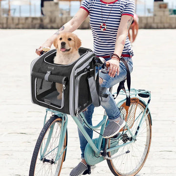 Dog or Cat Bike Basket, Expandable Soft Sided Pet Carrier Backpack with 4 Open Doors, Foldable Dog Bike Carrier