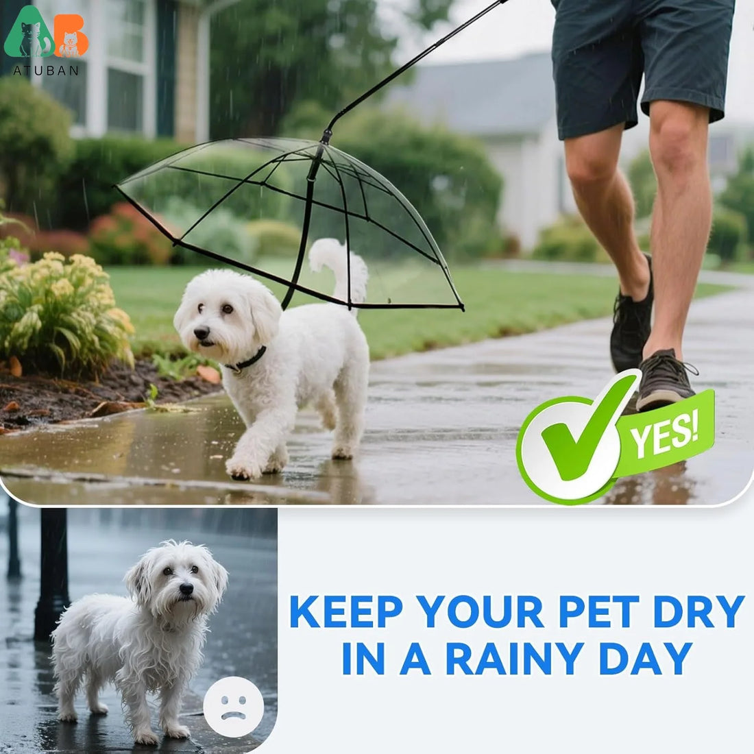 ATUBAN Dog Umbrella with Leash, Pet Umbrella for Dogs Adjustable Handle Dog Umbrella for Small Pets, Adjustable Rope Leash