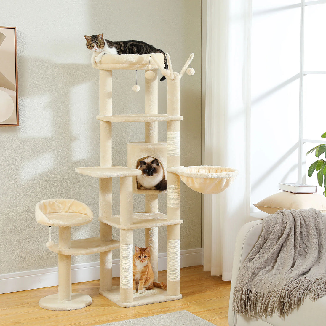 Multi-Level Cat Tree with Scratching Post Hammock Large Perches Hanging Balls Tall Cat Tower for Indoor Spacious Cat Condo House