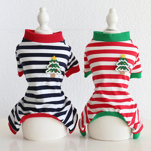 Pet Christmas Striped Pajamas Four Legged Clothes Autumn Winter Jumpsuit Dog Four Legged Pants Cat Clothes Pet Clothes