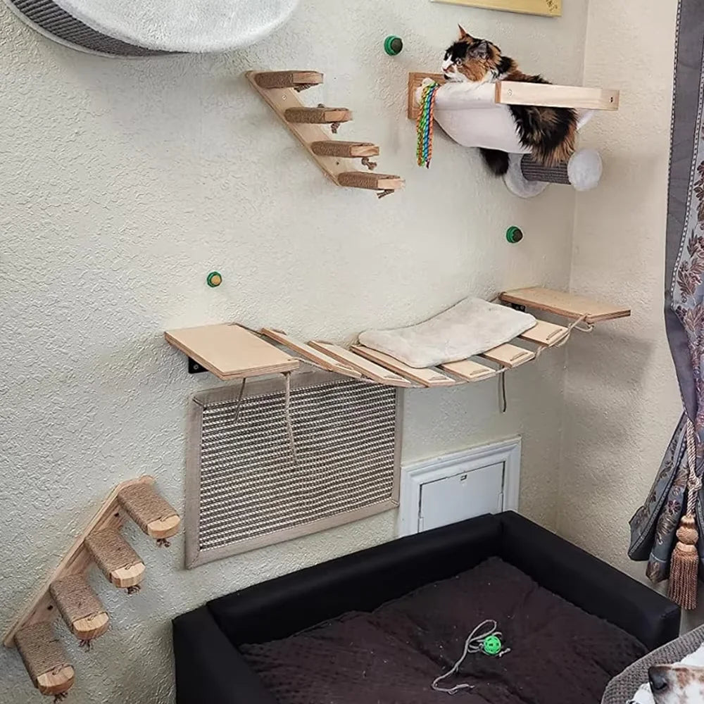Wooden Cat Climbing Shelves Wall Mounted Cat Tree Sisal Scratching Post Pedal Hammock Indoor Kitten Playground Cats Accessories