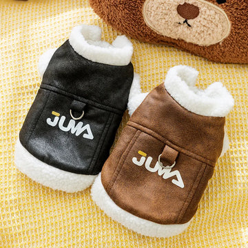 Pet Autumn/Winter Leather Jacket Velvet Casual Traction Vest Thickened Warm Coat Cat Clothes for Small Dogs Puppy Clothes