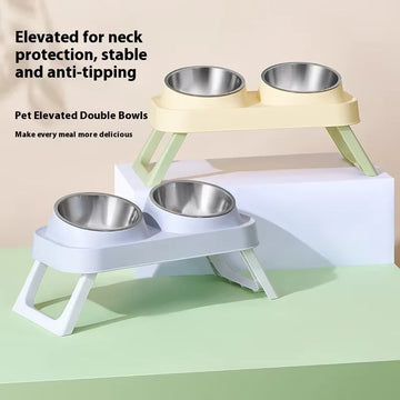 Foldable Stainless Steel Elevated Pet Bowl - Dual Dish Non-Slip Anti-Tip Raised Feeder with Neck Support for Cats Dogs