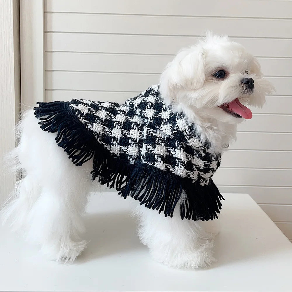 Dog Hooded Cape Plaid Woolen Jacket Dog Clothes Dogs Tassel Cape Pet Supplies Kitten Cape for Small Dogs Jacket Dog Coat