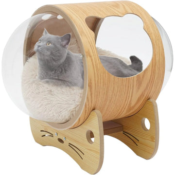 Luxury Cat Pod Bed, Wooden Frame with Clear Acrylic Dome & 3.9" Thick Cushion, Supports 18.7lb Pets (Ventilation Holes)