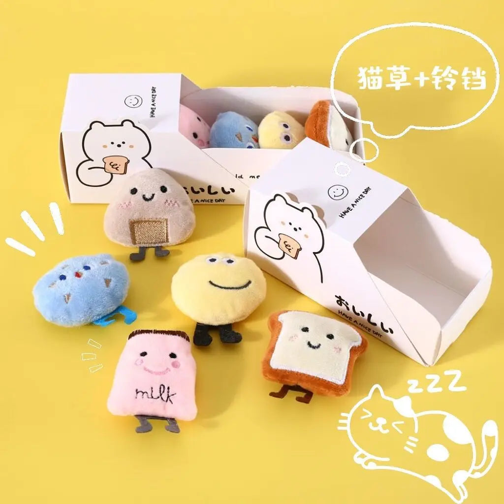 Pet Cat Bread Rice Ball Poached Egg Plush Sound Cat Grass Toy Self-hi Built-in Mint Bell Box Catnip Cats Toys Pet Supplies