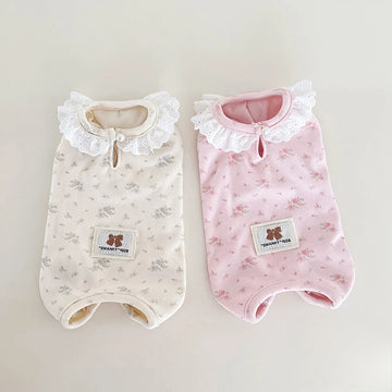 Spring and Autumn/Winter Pet Jumpsuit, Cat and Dog Clothes, Floral and Velvet Lace Elastic Home Sleepwear Puppy Cloth Pajamas