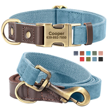 Personalized Dog Collar Leash PU Leather Dog Collars With Walking Lead Rope Free Custom Pet ID Necklace for Small Large Dogs Pug