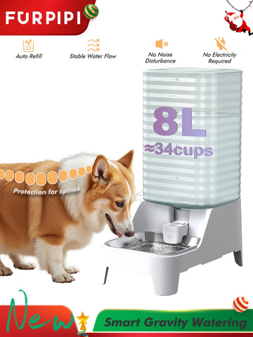 Furpipi 8L Large Capacity Automatic Pet Feeder & Water Dispenser Gravity Pet Feeding StationStainless Steel Pet Waterer for Pets