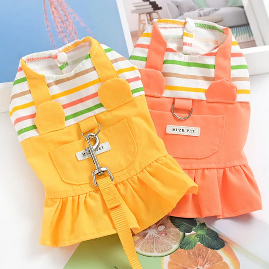 Dog Clothes Spring/Summer Dress Teddy Small Dog Cat Pet Dress Striped Bear Can Hang Traction Skirt