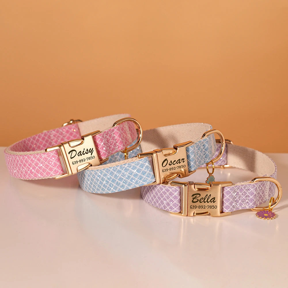 Bling Nylon Custom Dog Collar Cute Flower Tag Dog Collars Engraving Pet Name ID Buckle Necklace For Small Large Dogs Chihuahua