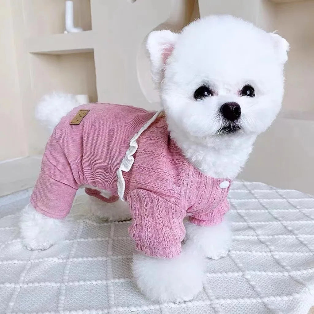 Pet Rabbit Ear Lace Four Legged Thick Coat Dog Cat Knitted Jumpsuit Teddy Bear Clothes Small Dog Winter Thick Puppy Clothes